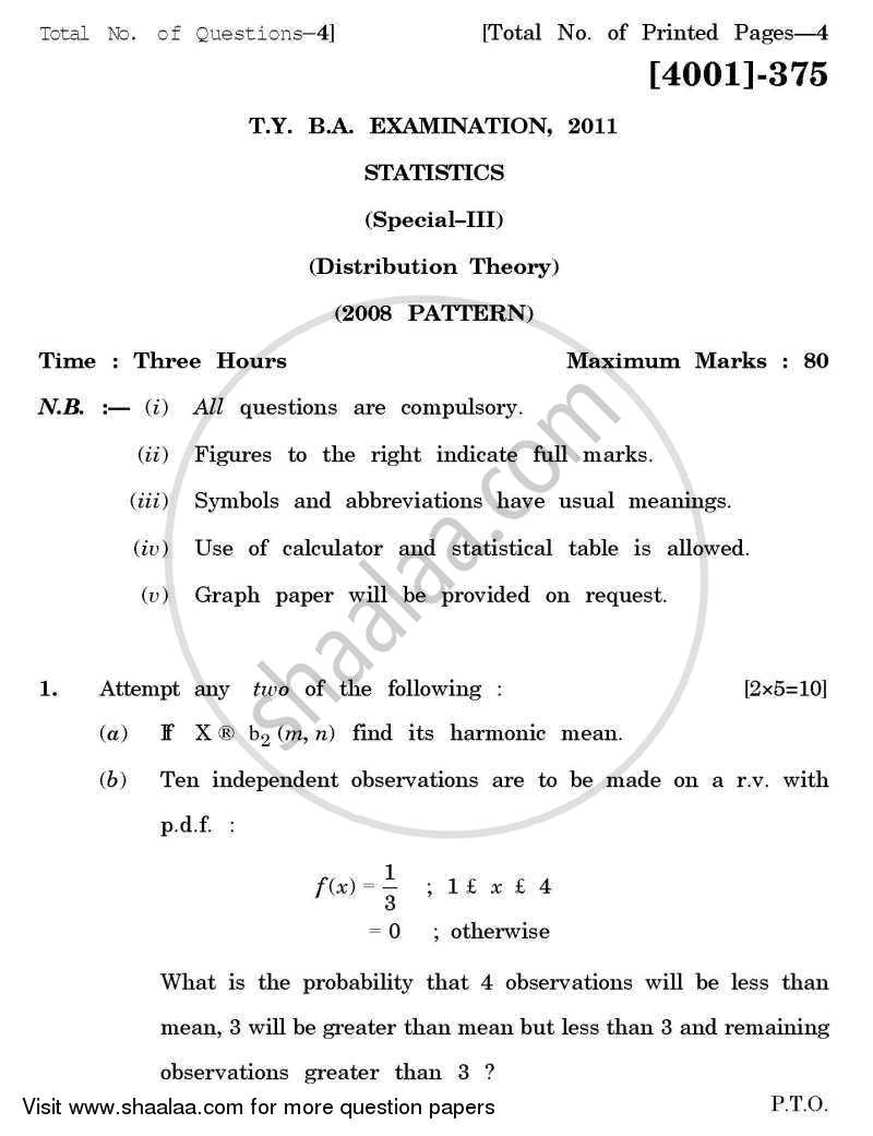 Statistics Special Paper 3- Distribution Theory 2011-2012 - B.A. - 3rd Year (TYBA) - University of Pune question paper with PDF download