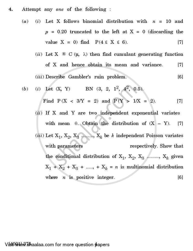 Statistics Special Paper 3- Distribution Theory 2011-2012 - B.A. - 3rd Year (TYBA) - University of Pune question paper with PDF download