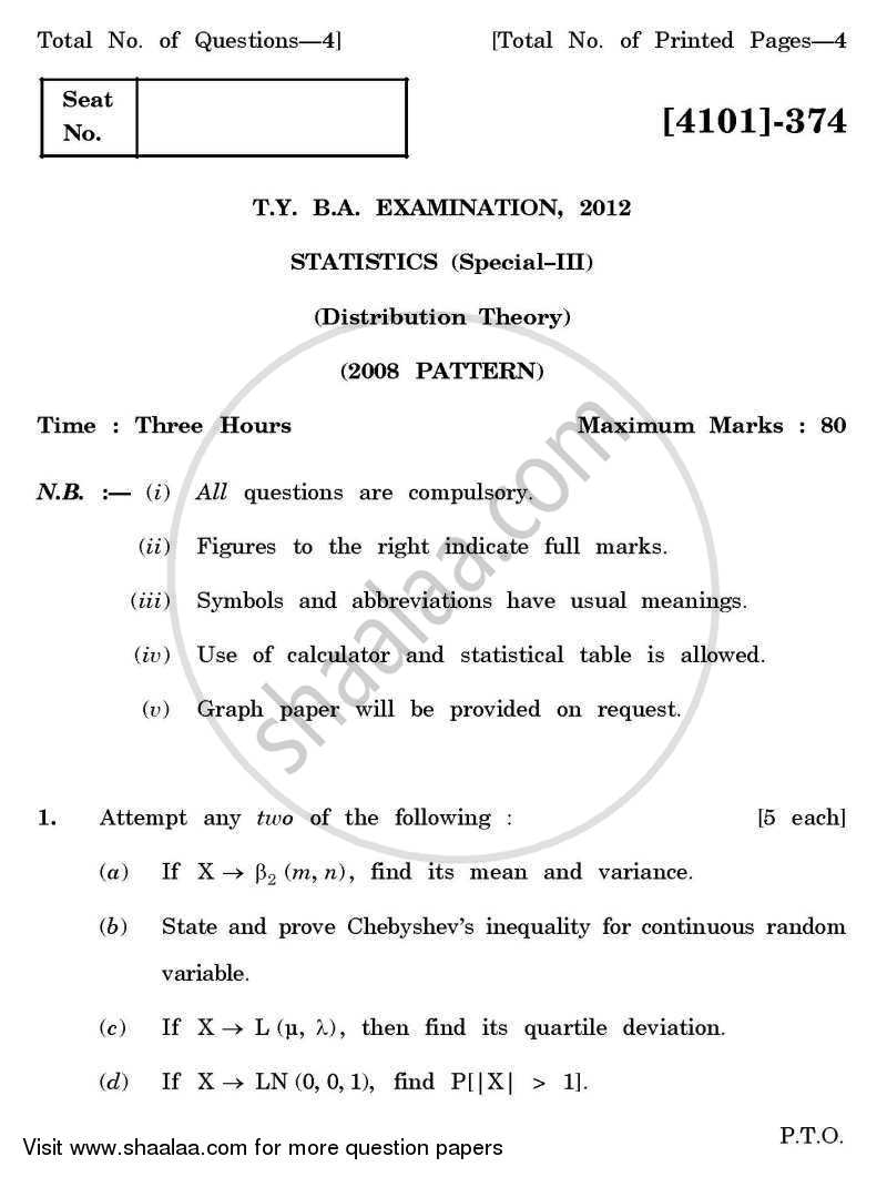 Statistics Special Paper 3- Distribution Theory 2011-2012 - B.A. - 3rd Year (TYBA) - University of Pune question paper with PDF download