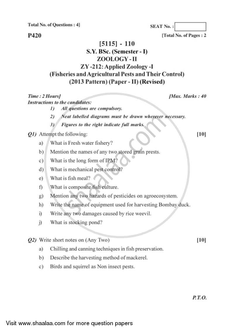 Question Paper - B.Sc Zoology Semester 3 (SYBSc) Applied Zoology 1 2016
