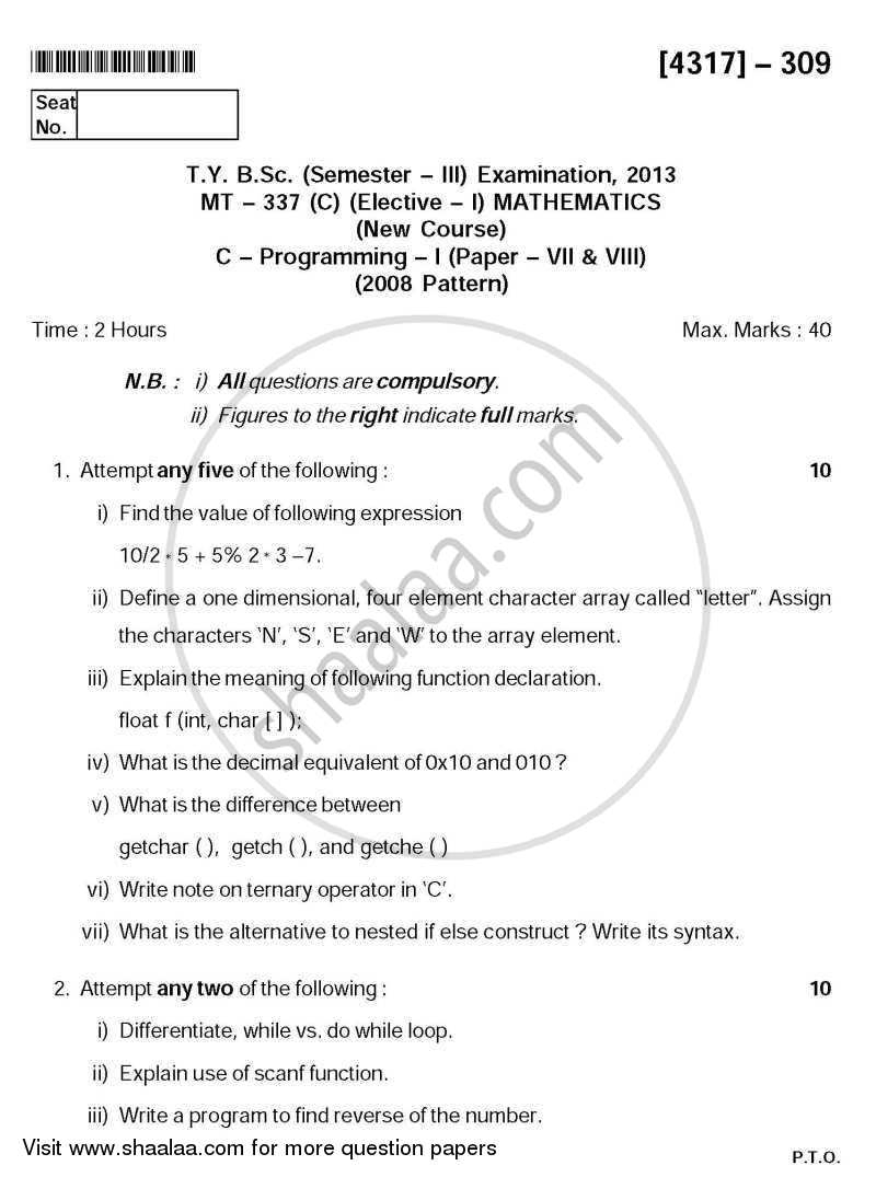 C programming 1 2013 2014 b sc mathematics semester 5 tybsc question 