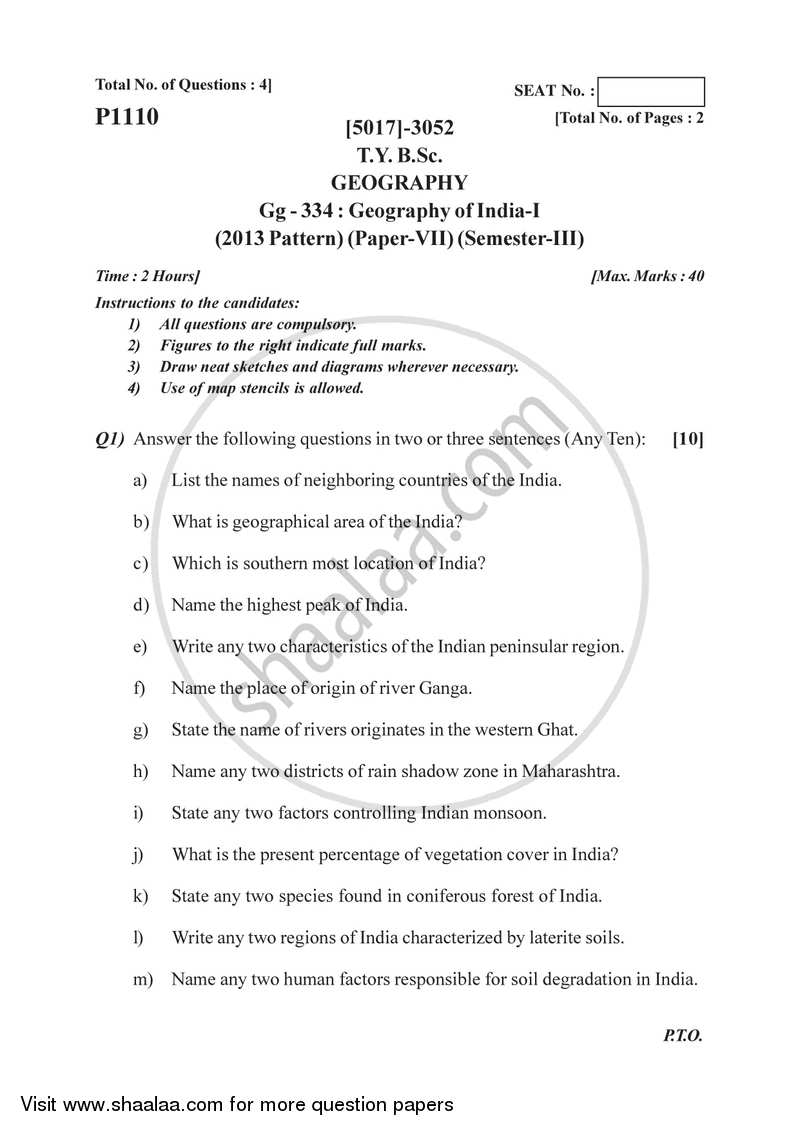 Question Paper B.Sc Geography Semester 5 (TYBSc) Geography of India 1