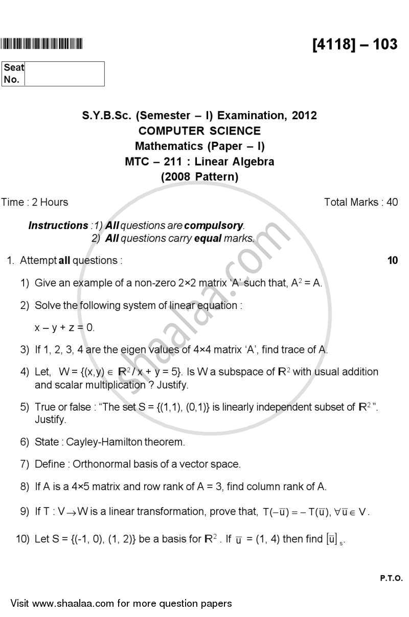 Linear Algebra 2012 2013 B Sc Computer Science Semester 3 SYBSc 