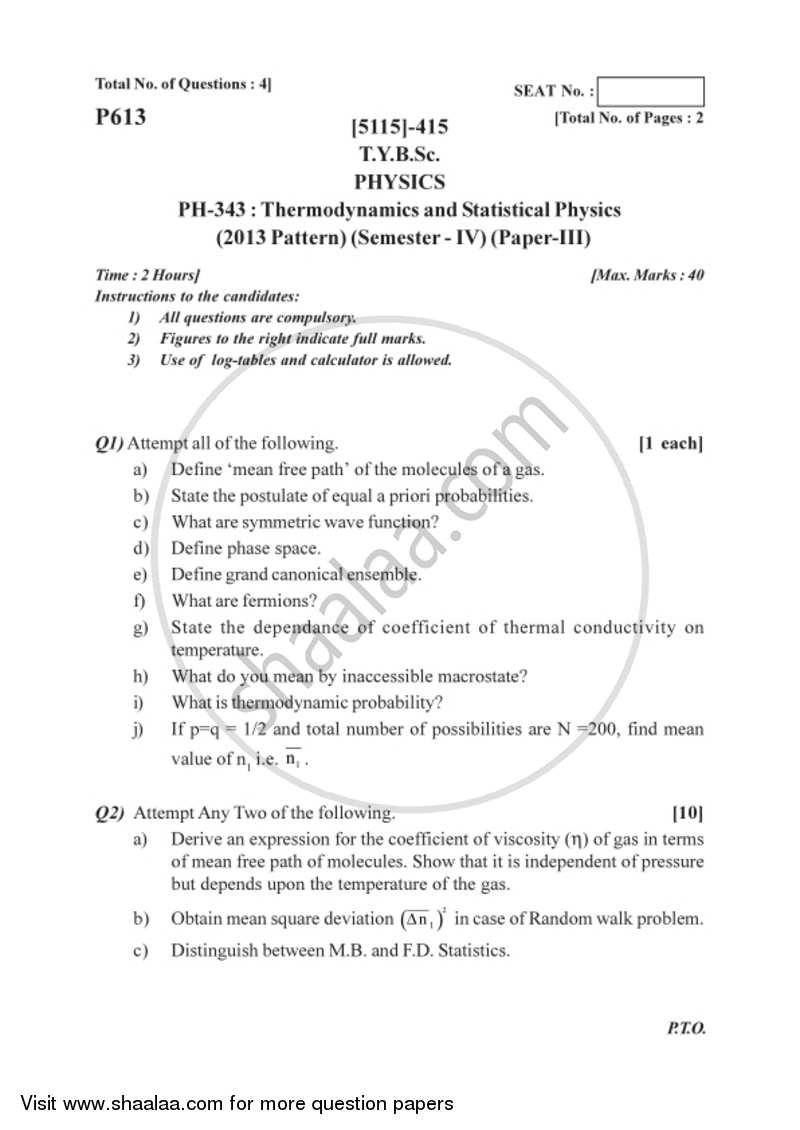 Thermodynamics and Statistical Physics 2016-2017 B.Sc Physics Semester