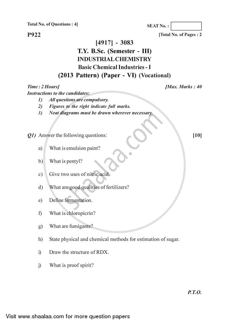 Basic Chemical Industries 1 2015-2016 Semester 5 (FYBSc) - University of Pune question paper with PDF download