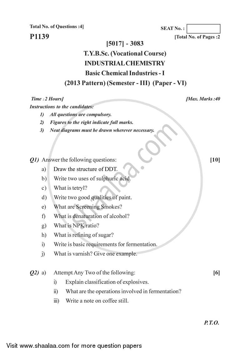Basic Chemical Industries 1 2016-2017 Semester 5 (FYBSc) - University of Pune question paper with PDF download