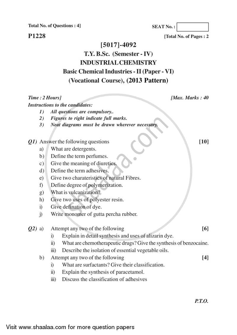Basic Chemical Industries 2 2016-2017 Semester 6 (FYBSc) - University of Pune question paper with PDF download
