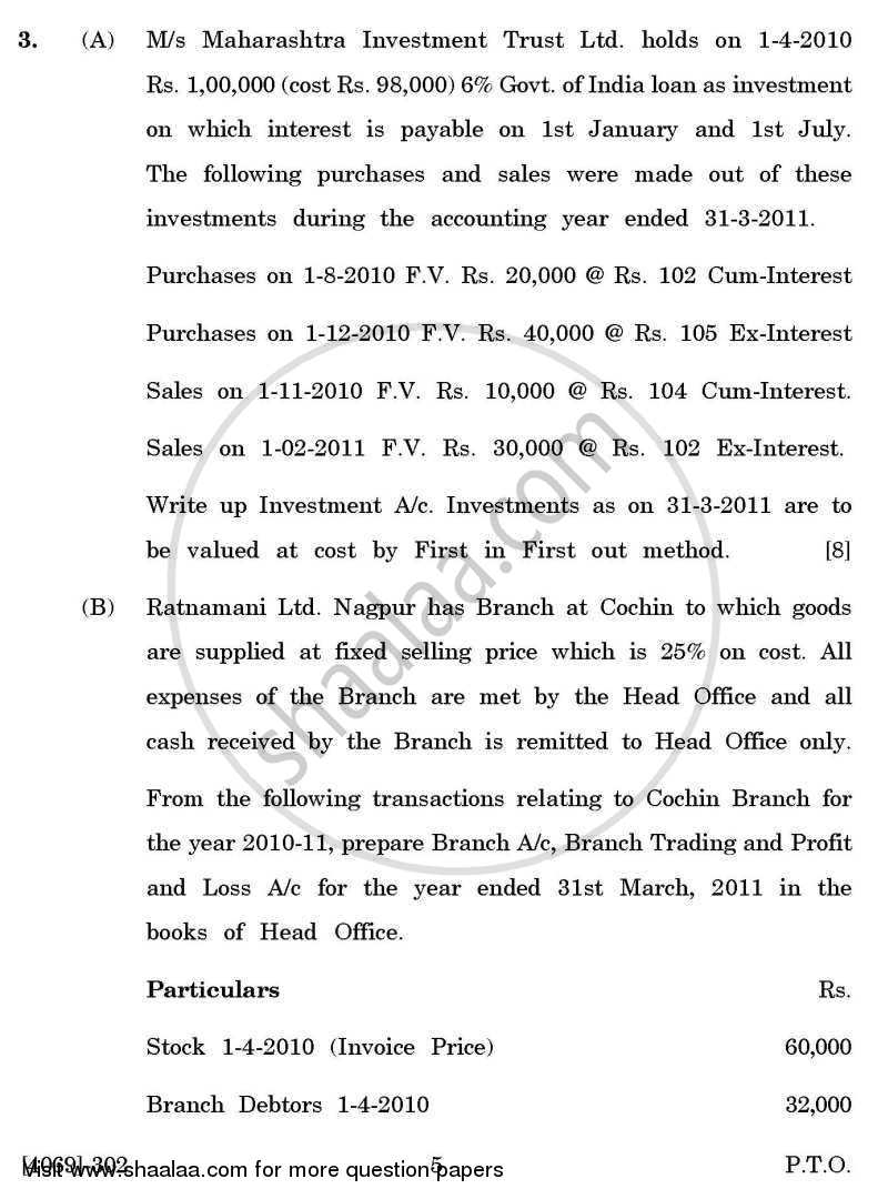 Advanced Accounting 2011-2012 - B.Com. - 3rd Year (TYBcom) - University of Pune question paper with PDF download