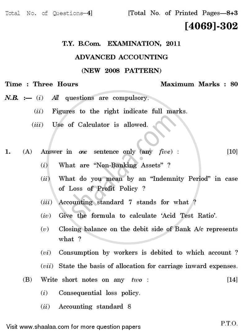 Advanced Accounting 2011-2012 - B.Com. - 3rd Year (TYBcom) - University of Pune question paper with PDF download