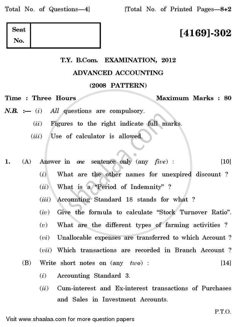 Advanced Accounting 2011-2012 - B.Com. - 3rd Year (TYBcom) - University of Pune question paper with PDF download