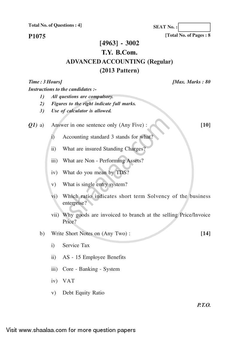 Advanced Accounting 2015-2016 - B.Com. - 3rd Year (TYBcom) - University of Pune question paper with PDF download