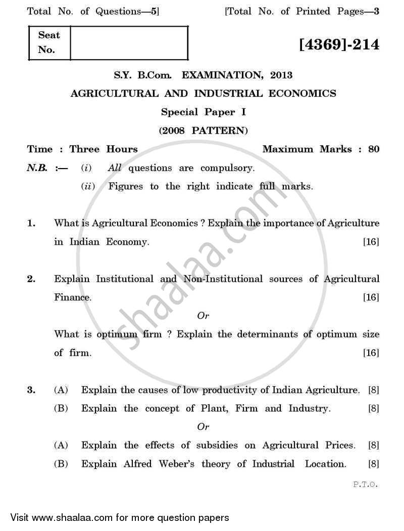 Agricultural and Industrial Economics 1 2012-2013 - B.Com. - 2nd Year (SYBcom) - University of Pune question paper with PDF download