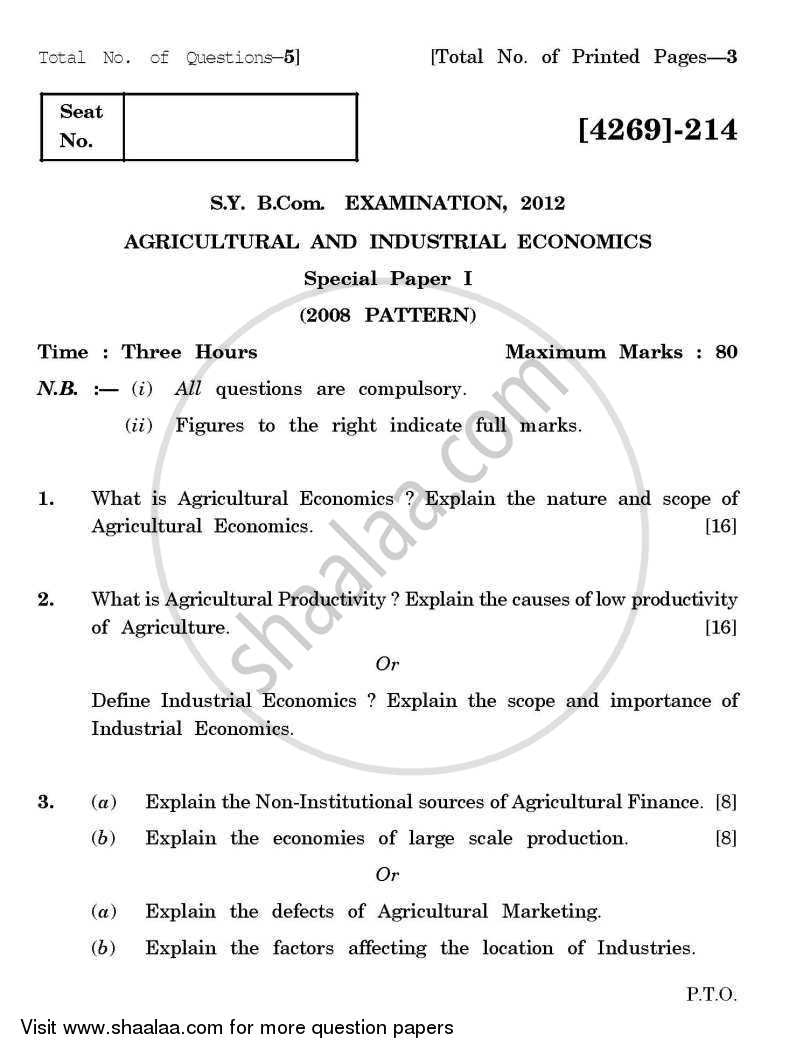 Agricultural and Industrial Economics 1 2012-2013 - B.Com. - 2nd Year (SYBcom) - University of Pune question paper with PDF download