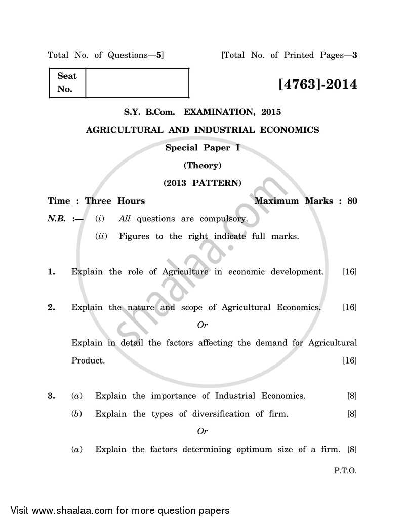 Agricultural and Industrial Economics 1 2014-2015 - B.Com. - 2nd Year (SYBcom) - University of Pune question paper with PDF download
