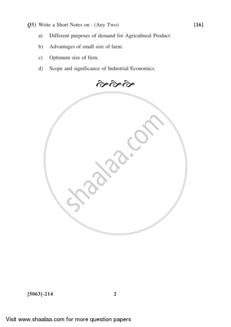 Agricultural and Industrial Economics 1 2016-2017 - B.Com. - 2nd Year (SYBcom) - University of Pune question paper with PDF download