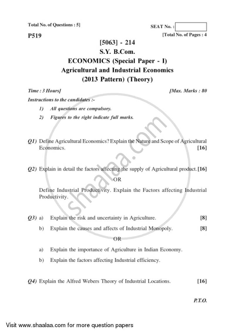 Agricultural and Industrial Economics 1 2016-2017 - B.Com. - 2nd Year (SYBcom) - University of Pune question paper with PDF download