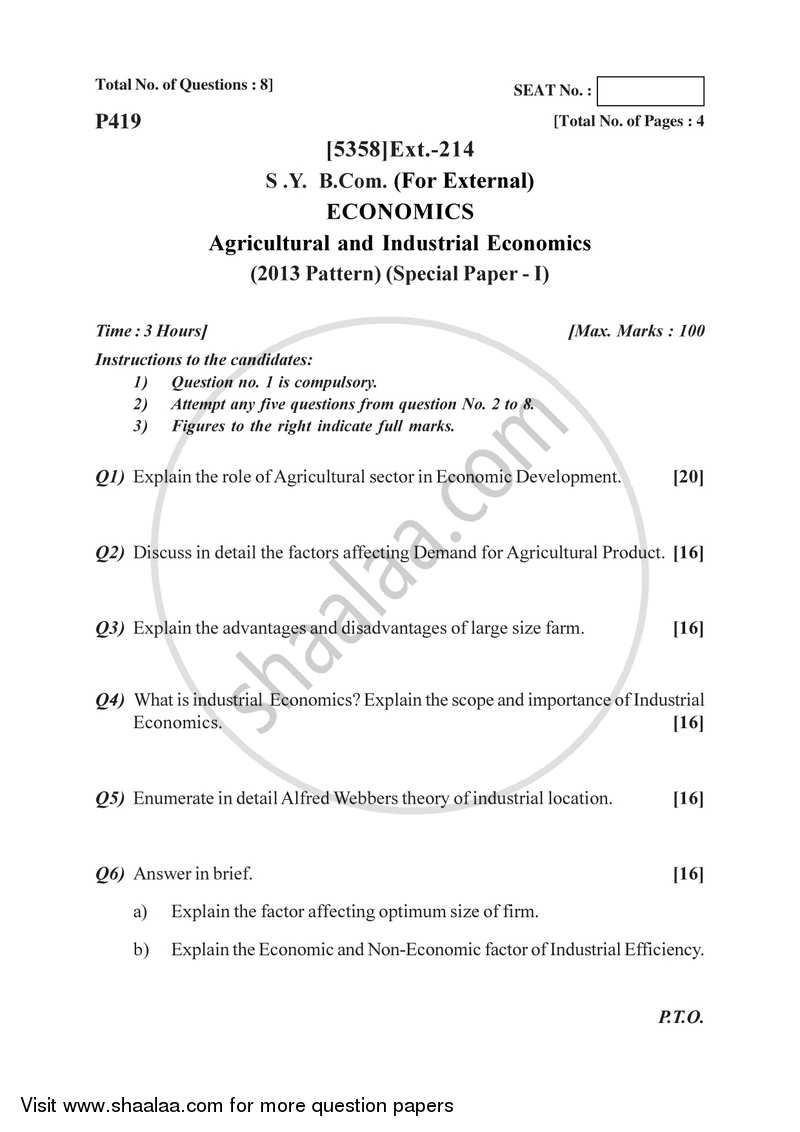 Agricultural and Industrial Economics 1 2017-2018 - B.Com. - 2nd Year (SYBcom) - University of Pune question paper with PDF download