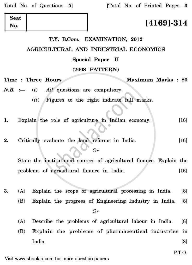 Agricultural and Industrial Economics 2 2011-2012 - B.Com. - 3rd Year (TYBcom) - University of Pune question paper with PDF download