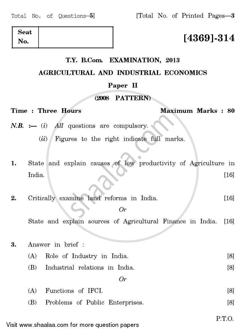 Agricultural and Industrial Economics 2 2012-2013 - B.Com. - 3rd Year (TYBcom) - University of Pune question paper with PDF download