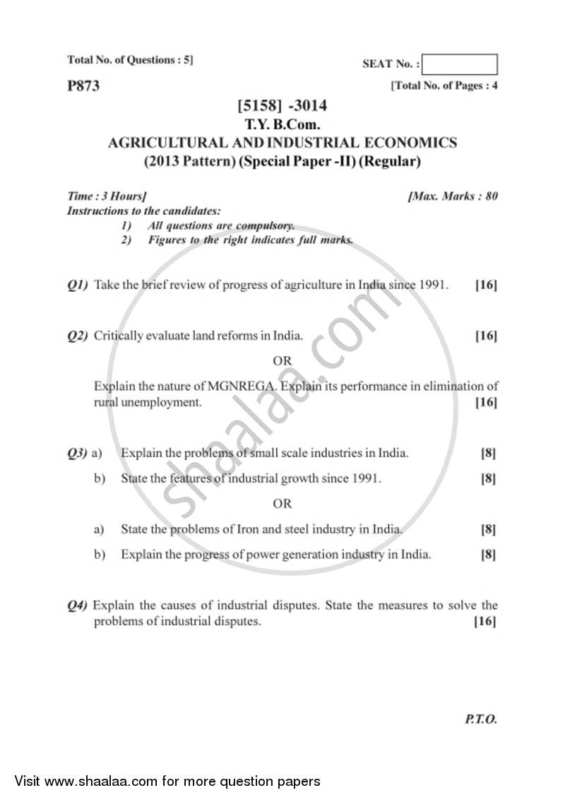 Agricultural and Industrial Economics 2 2016-2017 - B.Com. - 3rd Year (TYBcom) - University of Pune question paper with PDF download