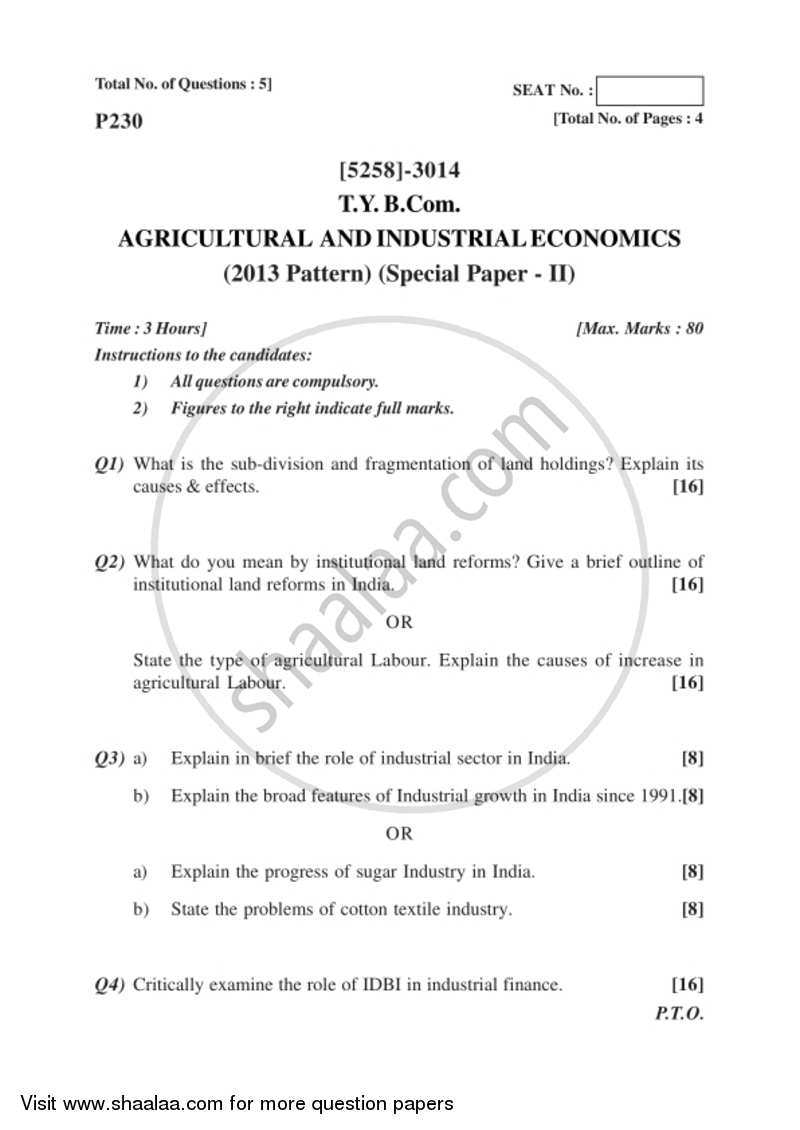 Agricultural and Industrial Economics 2 2017-2018 - B.Com. - 3rd Year (TYBcom) - University of Pune question paper with PDF download