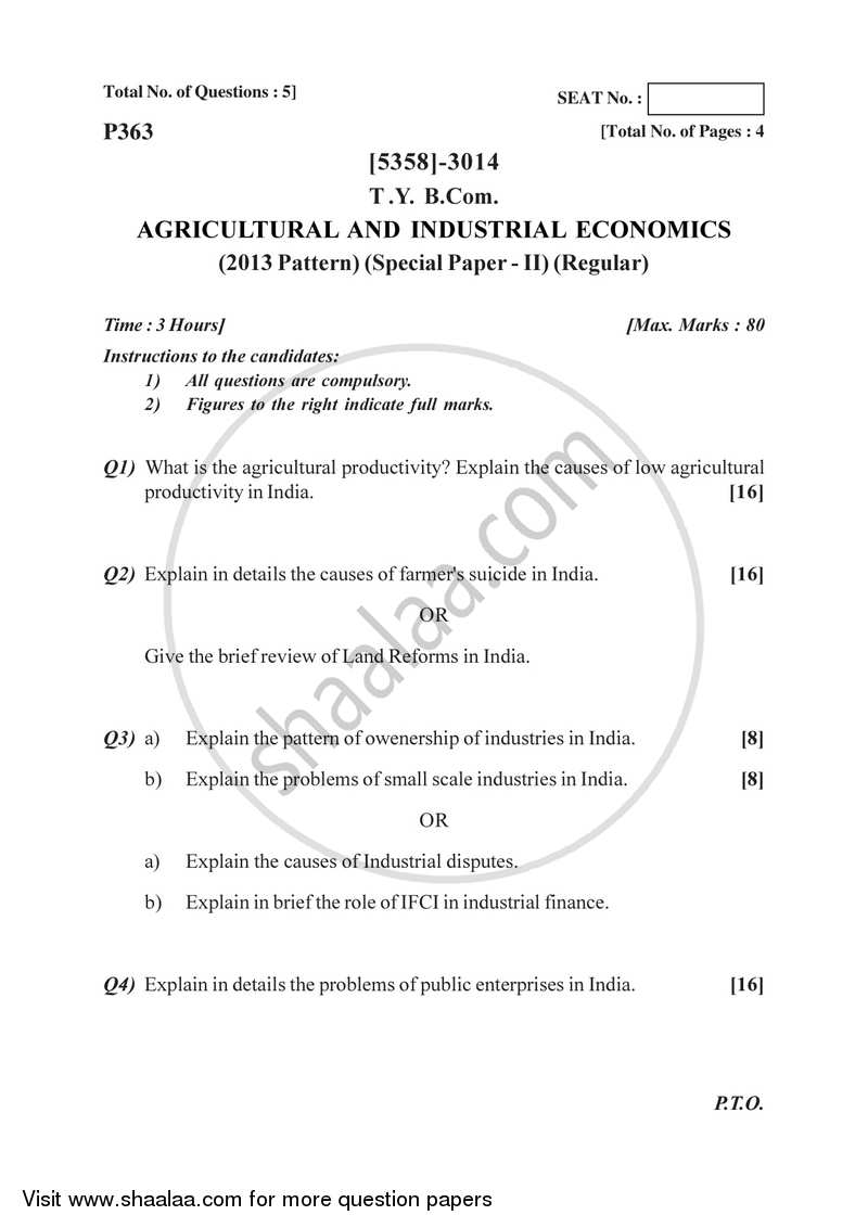 Agricultural and Industrial Economics 2 2017-2018 - B.Com. - 3rd Year (TYBcom) - University of Pune question paper with PDF download