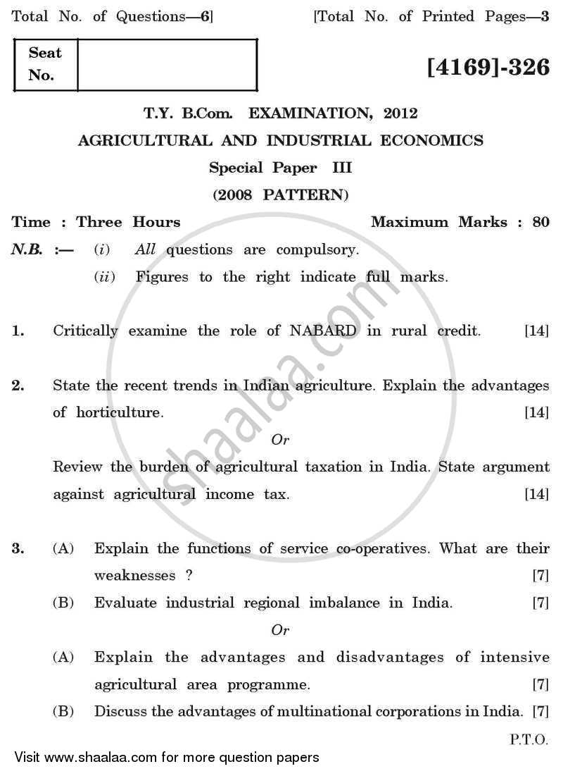 Agricultural and Industrial Economics 3 2011-2012 - B.Com. - 3rd Year (TYBcom) - University of Pune question paper with PDF download