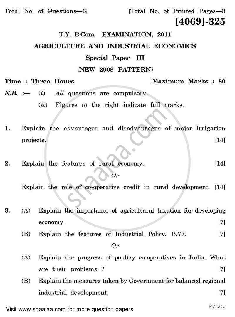 Agricultural and Industrial Economics 3 2011-2012 - B.Com. - 3rd Year (TYBcom) - University of Pune question paper with PDF download