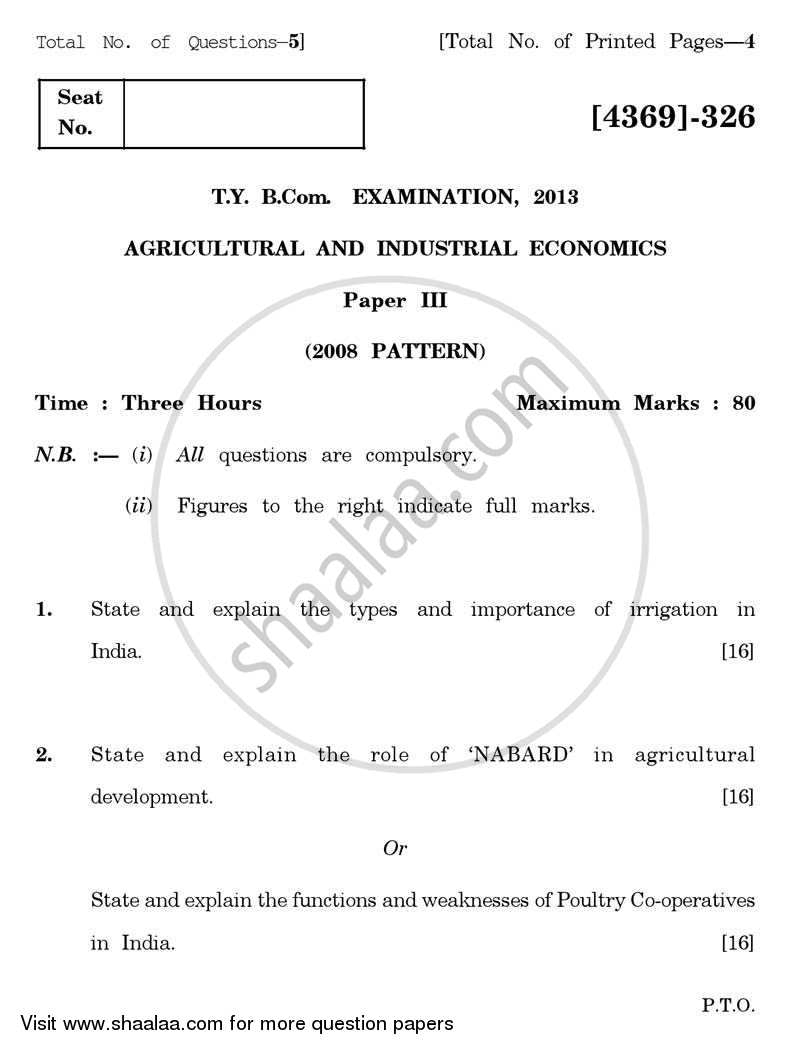 Agricultural and Industrial Economics 3 2012-2013 - B.Com. - 3rd Year (TYBcom) - University of Pune question paper with PDF download
