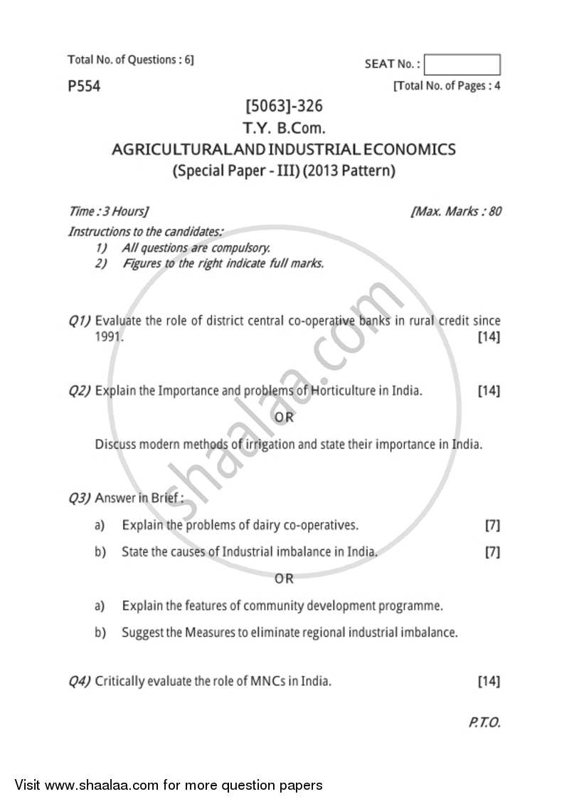 Agricultural and Industrial Economics 3 2016-2017 - B.Com. - 3rd Year (TYBcom) - University of Pune question paper with PDF download