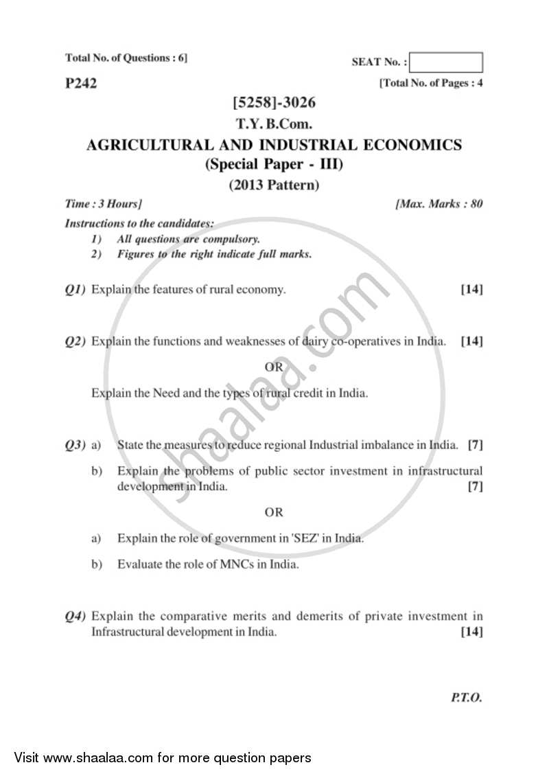Agricultural and Industrial Economics 3 2017-2018 - B.Com. - 3rd Year (TYBcom) - University of Pune question paper with PDF download