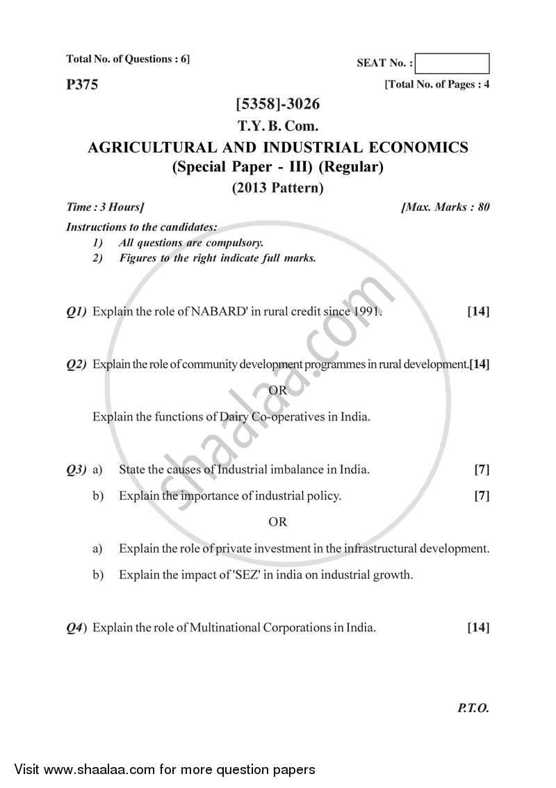 Agricultural and Industrial Economics 3 2017-2018 - B.Com. - 3rd Year (TYBcom) - University of Pune question paper with PDF download