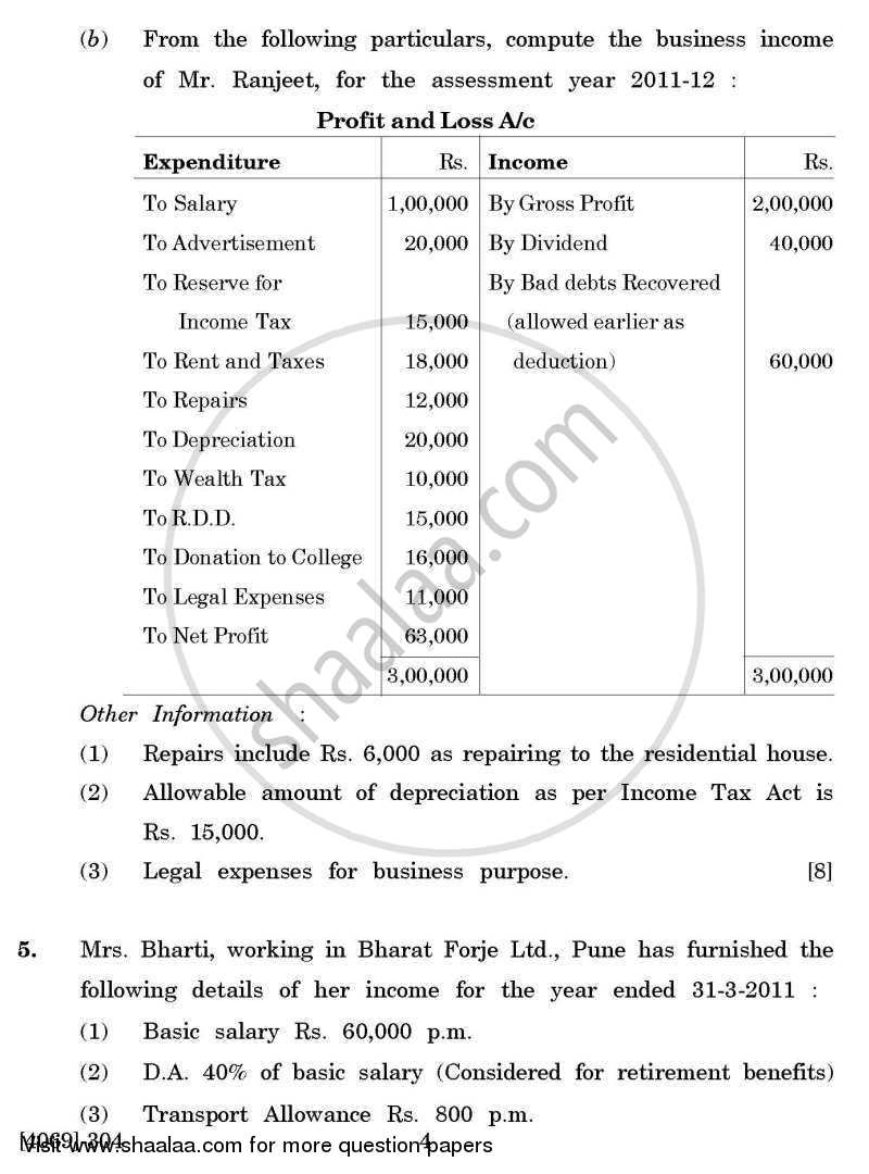 Auditing and Taxation 2011-2012 - B.Com. - 3rd Year (TYBcom) - University of Pune question paper with PDF download