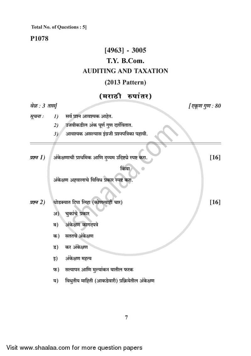 Auditing and Taxation 2015-2016 - B.Com. - 3rd Year (TYBcom) - University of Pune question paper with PDF download