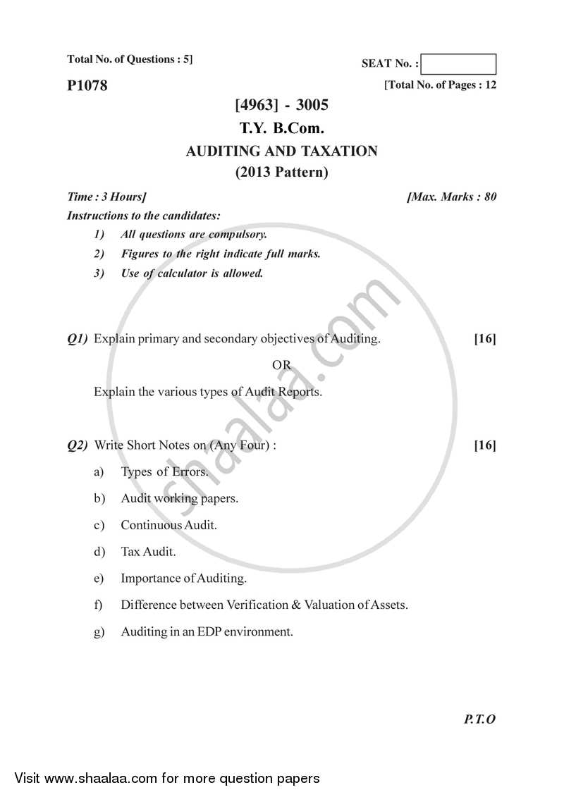 Auditing and Taxation 2015-2016 - B.Com. - 3rd Year (TYBcom) - University of Pune question paper with PDF download