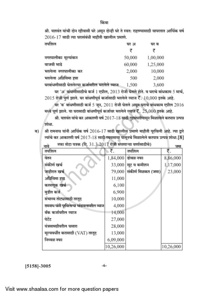 Auditing and Taxation 2016-2017 - B.Com. - 3rd Year (TYBcom) - University of Pune question paper with PDF download