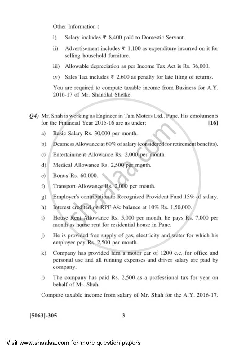 Auditing and Taxation 2016-2017 - B.Com. - 3rd Year (TYBcom) - University of Pune question paper with PDF download
