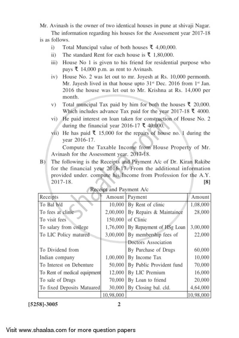 Auditing and Taxation 2017-2018 - B.Com. - 3rd Year (TYBcom) - University of Pune question paper with PDF download