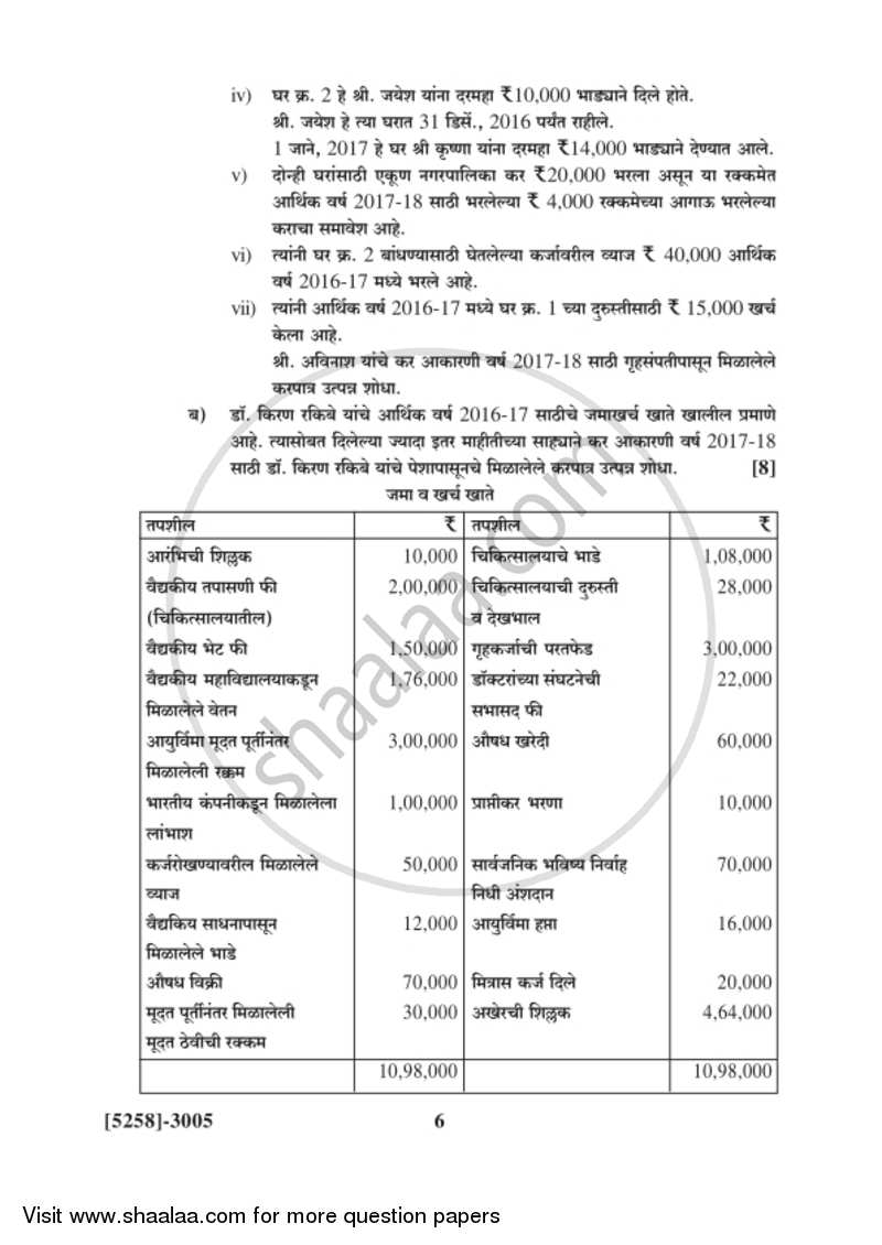 Auditing and Taxation 2017-2018 - B.Com. - 3rd Year (TYBcom) - University of Pune question paper with PDF download