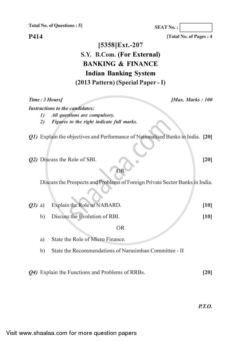 Banking and Finance 1 - Indian Banking System 2017-2018 - B.Com. - 2nd Year (SYBcom) - University of Pune question paper with PDF download