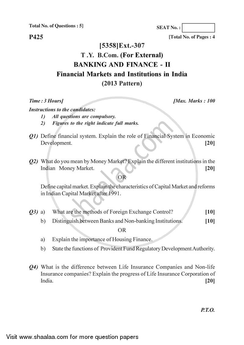 Banking and Finance 2 - Financial Markets and Institutions in India 2017-2018 - B.Com. - 3rd Year (TYBcom) - University of Pune question paper with PDF download