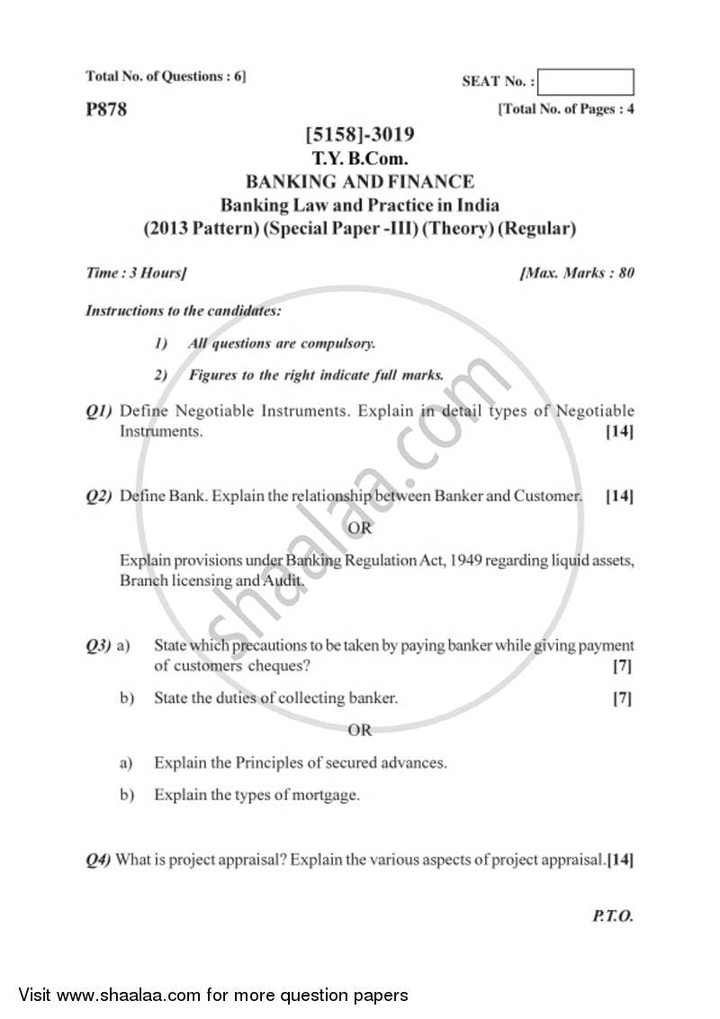 Banking and Finance 3 - Banking Law and Practices in India 2016-2017 - B.Com. - 3rd Year (TYBcom) - University of Pune question paper with PDF download