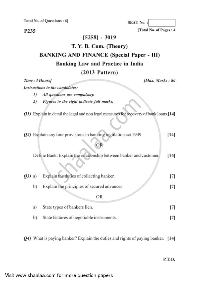 Banking and Finance 3 - Banking Law and Practices in India 2017-2018 - B.Com. - 3rd Year (TYBcom) - University of Pune question paper with PDF download