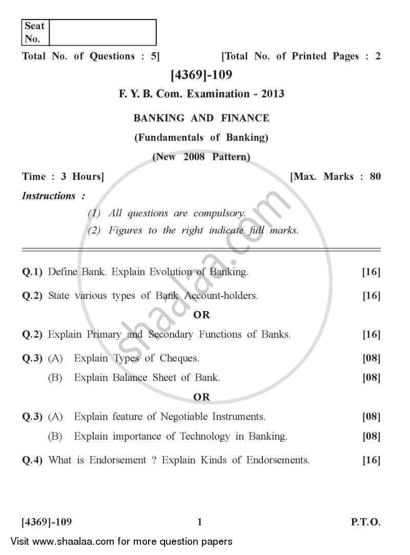 Banking and Finance 2012-2013 - B.Com. - 1st Year (FYBcom) - University of Pune question paper with PDF download