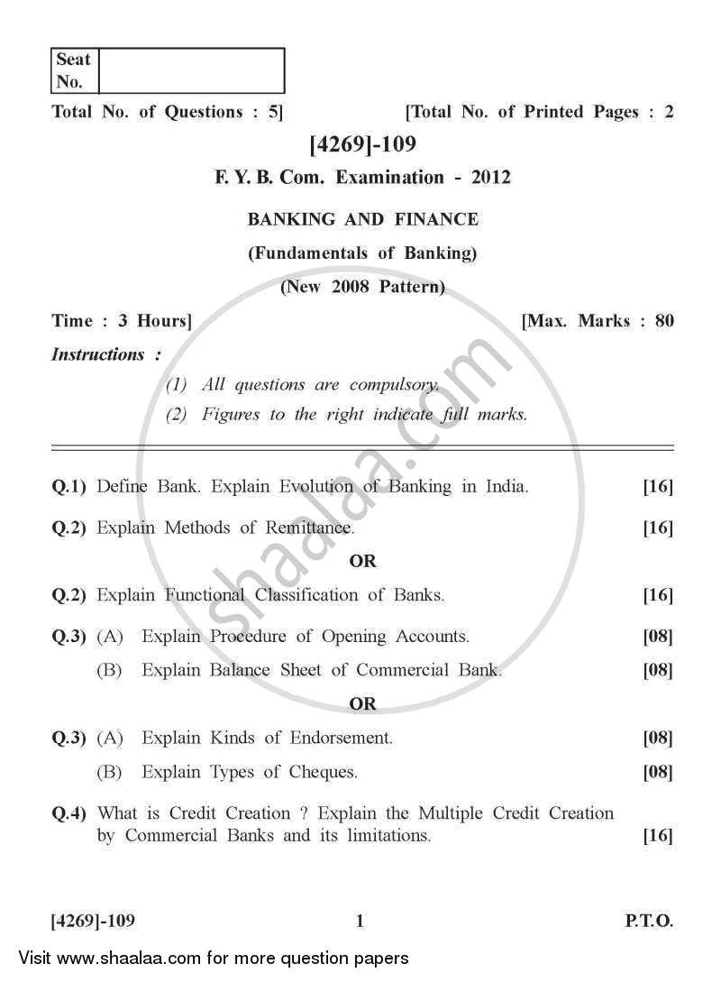 Banking and Finance 2012-2013 - B.Com. - 1st Year (FYBcom) - University of Pune question paper with PDF download