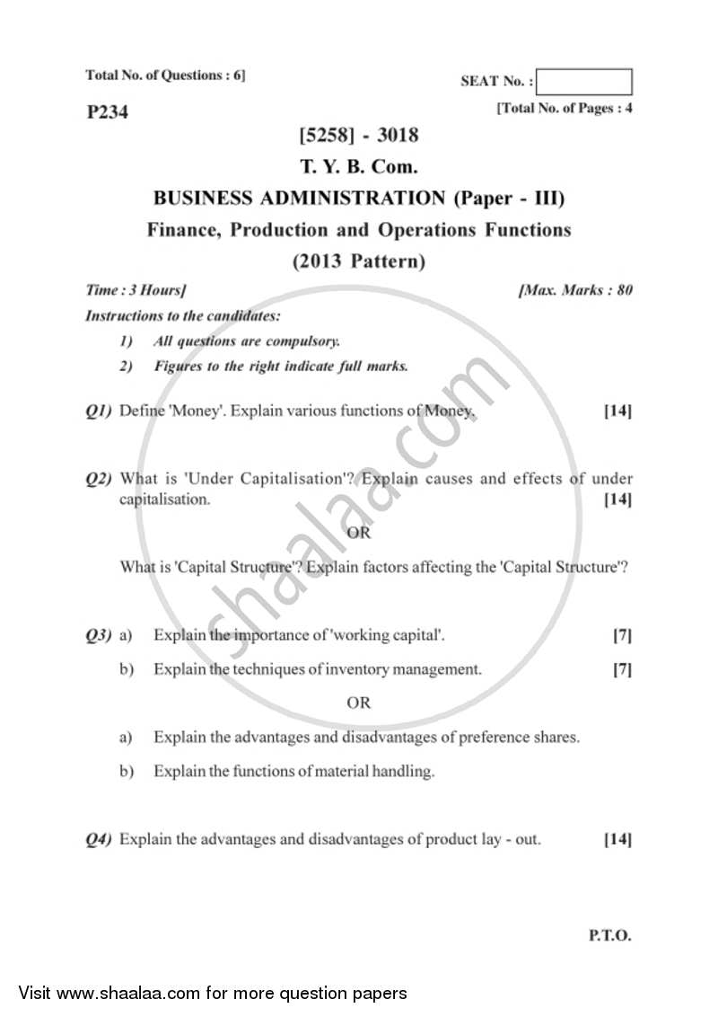 Business Administration 3 2017-2018 - B.Com. - 3rd Year (TYBcom) - University of Pune question paper with PDF download