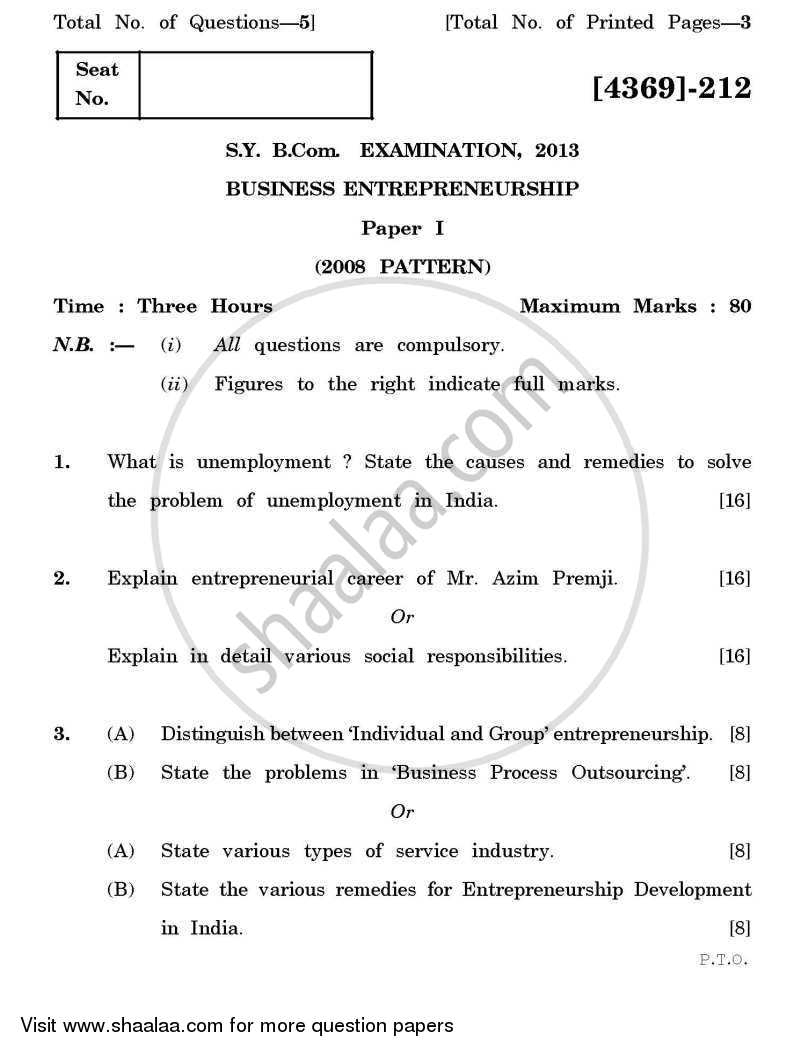Business Entrepreneurship 1 2012-2013 - B.Com. - 2nd Year (SYBcom) - University of Pune question paper with PDF download