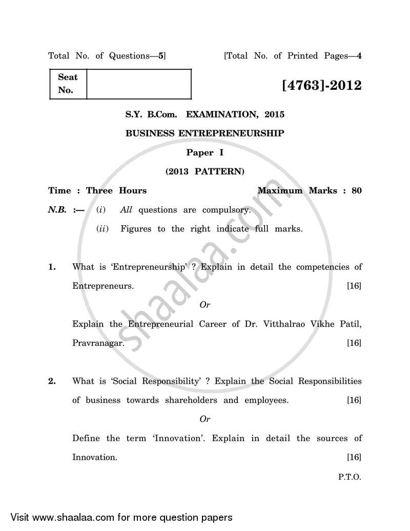 Business Entrepreneurship 1 2014-2015 - B.Com. - 2nd Year (SYBcom) - University of Pune question paper with PDF download