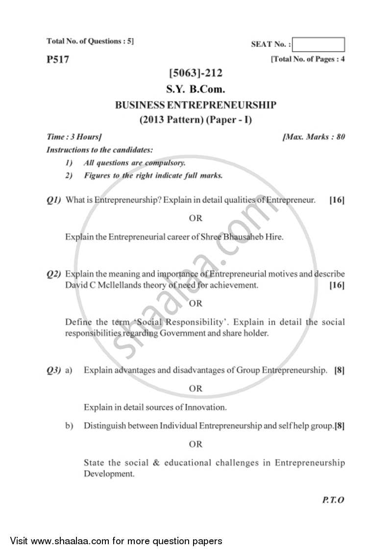 Business Entrepreneurship 1 2016-2017 - B.Com. - 2nd Year (SYBcom) - University of Pune question paper with PDF download