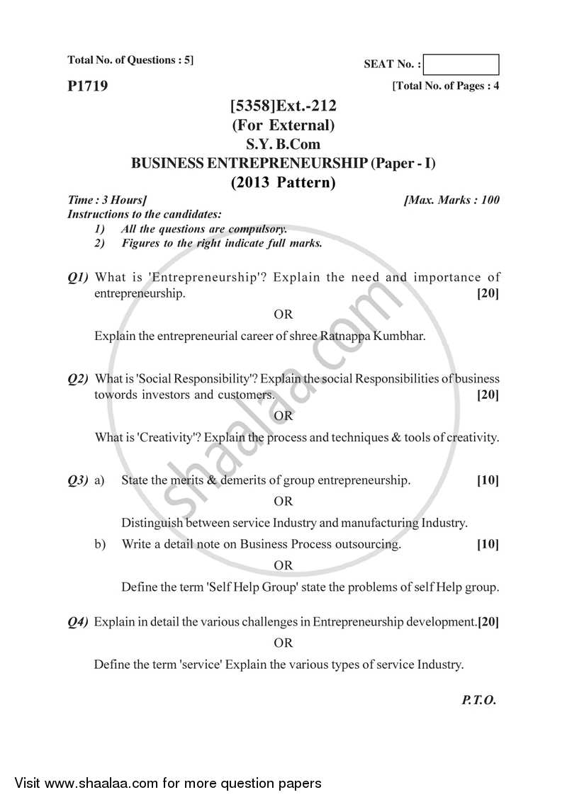 Business Entrepreneurship 1 2017-2018 - B.Com. - 2nd Year (SYBcom) - University of Pune question paper with PDF download